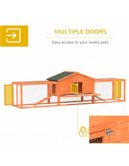 PawHut Wooden Rabbit Hutch with Run, Tray, Ramps, Asphalt Roof, 309 x 70 x 87cm, Orange - pic 149883 | FastDaddyshop