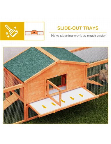 PawHut Wooden Rabbit Hutch with Run, Tray, Ramps, Asphalt Roof, 309 x 70 x 87cm, Orange