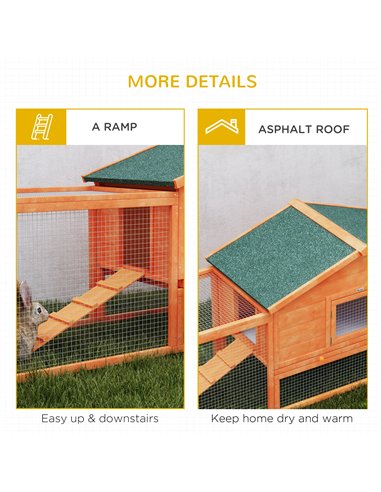 PawHut Wooden Rabbit Hutch with Run, Tray, Ramps, Asphalt Roof, 309 x 70 x 87cm, Orange
