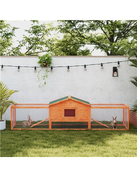 PawHut Wooden Rabbit Hutch with Run, Tray, Ramps, Asphalt Roof, 309 x 70 x 87cm, Orange - pic 149886 | FastDaddyshop