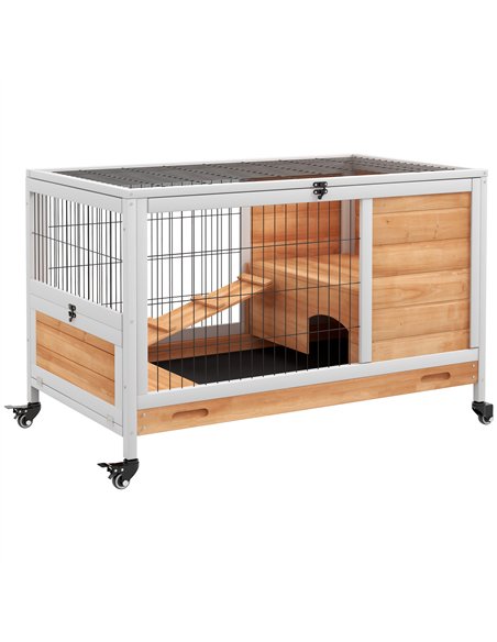 PawHut Wooden Guinea Pig Hutch, 2-Floor Bunny Cage w/ Enclosed Run Area, Yellow - pic 149888 | FastDaddyshop