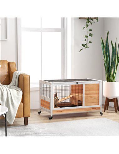 PawHut Wooden Guinea Pig Hutch, 2-Floor Bunny Cage w/ Enclosed Run Area, Yellow