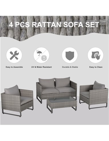 Outsunny 4 Pieces PE Rattan Garden Furniture with Cushion, Glass Top Coffee Table, Grey