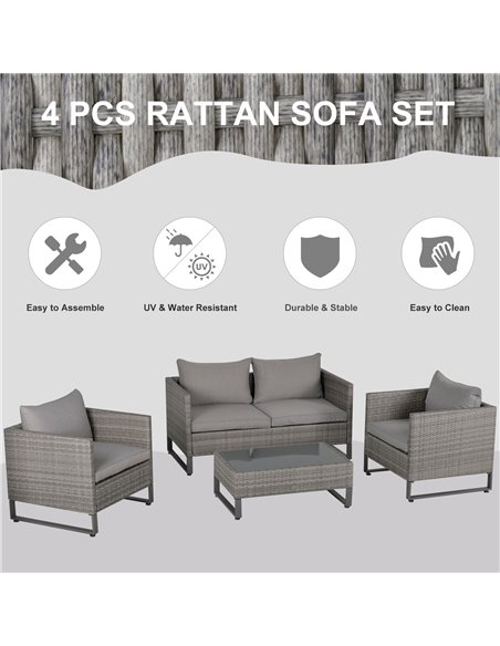 Outsunny 4 Pieces PE Rattan Garden Furniture with Cushion, Glass Top Coffee Table, Grey - pic 14989 | FastDaddyshop