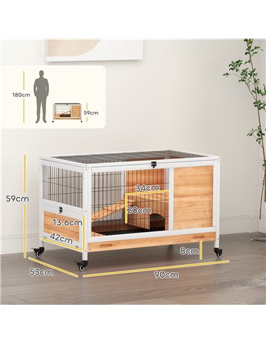 PawHut Wooden Guinea Pig Hutch, 2-Floor Bunny Cage w/ Enclosed Run Area, Yellow