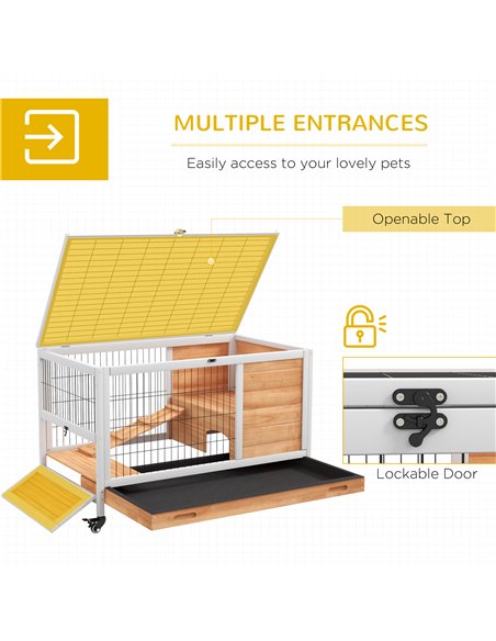 PawHut Wooden Guinea Pig Hutch, 2-Floor Bunny Cage w/ Enclosed Run Area, Yellow - pic 149892 | FastDaddyshop