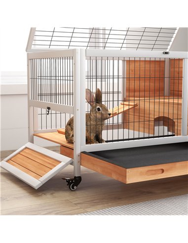 PawHut Wooden Guinea Pig Hutch, 2-Floor Bunny Cage w/ Enclosed Run Area, Yellow