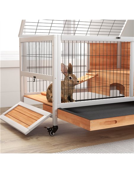 PawHut Wooden Guinea Pig Hutch, 2-Floor Bunny Cage w/ Enclosed Run Area, Yellow - pic 149895 | FastDaddyshop