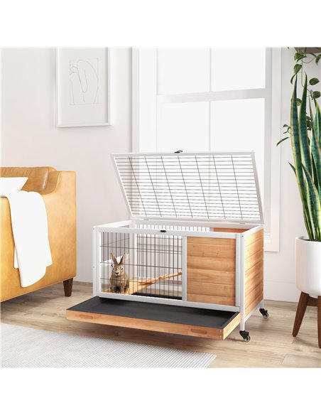 PawHut Wooden Guinea Pig Hutch, 2-Floor Bunny Cage w/ Enclosed Run Area, Yellow - pic 149896 | FastDaddyshop