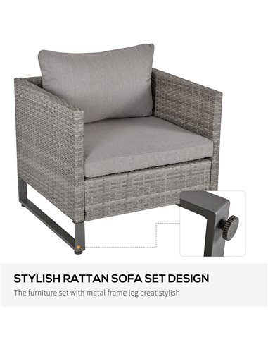 Outsunny 4 Pieces PE Rattan Garden Furniture with Cushion, Glass Top Coffee Table, Grey
