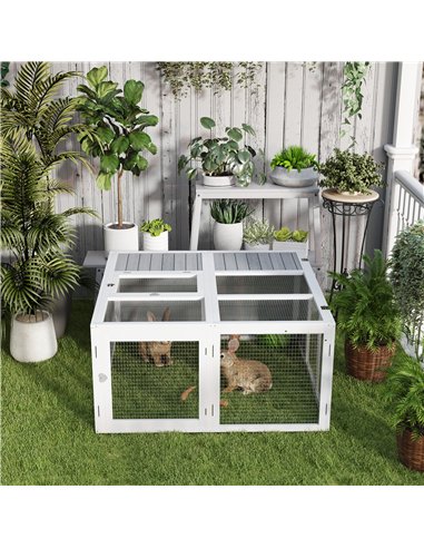 PawHut Rabbit Hutch with Openable Foldable Roof, Light Grey