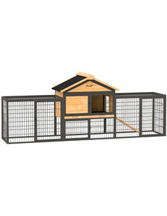 PawHut Wooden Rabbit Hutch Outdoor with Steel Run, Wooden Guinea Pig Cage with Removable Plastic Tray, Asphalt Roof, Ramp