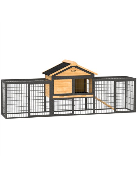 PawHut Wooden Rabbit Hutch Outdoor with Steel Run, Wooden Guinea Pig Cage with Removable Plastic Tray, Asphalt Roof, Ramp - pic 149906 | FastDaddyshop