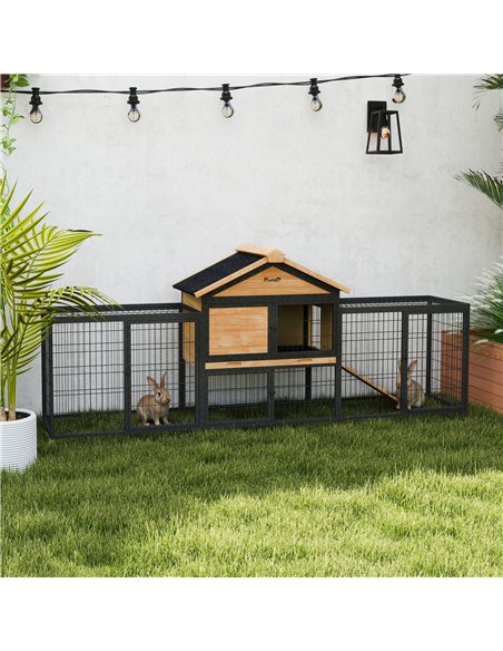 PawHut Wooden Rabbit Hutch Outdoor with Steel Run, Wooden Guinea Pig Cage with Removable Plastic Tray, Asphalt Roof, Ramp - pic 149907 | FastDaddyshop