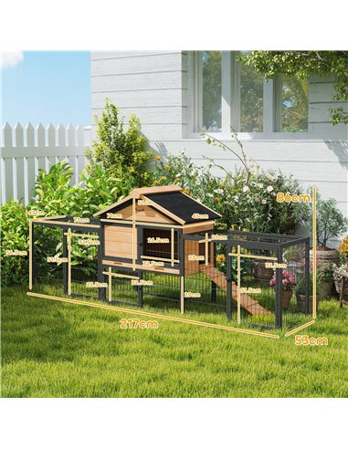 PawHut Wooden Rabbit Hutch Outdoor with Steel Run, Wooden Guinea Pig Cage with Removable Plastic Tray, Asphalt Roof, Ramp