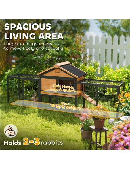 PawHut Wooden Rabbit Hutch Outdoor with Steel Run, Wooden Guinea Pig Cage with Removable Plastic Tray, Asphalt Roof, Ramp - pic 149909 | FastDaddyshop