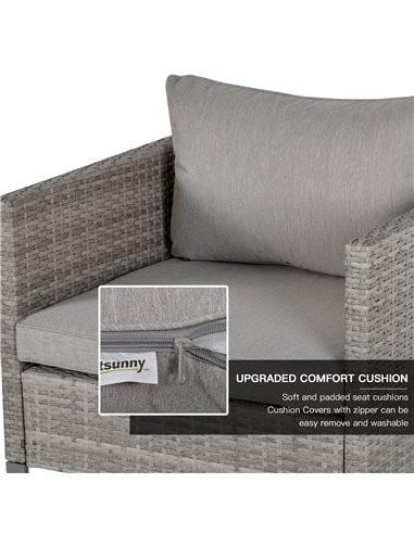 Outsunny 4 Pieces PE Rattan Garden Furniture with Cushion, Glass Top Coffee Table, Grey