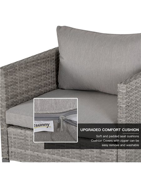 Outsunny 4 Pieces PE Rattan Garden Furniture with Cushion, Glass Top Coffee Table, Grey - pic 14991 | FastDaddyshop