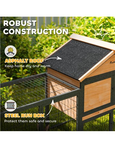 PawHut Wooden Rabbit Hutch Outdoor with Steel Run, Wooden Guinea Pig Cage with Removable Plastic Tray, Asphalt Roof, Ramp