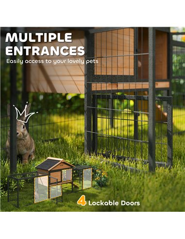 PawHut Wooden Rabbit Hutch Outdoor with Steel Run, Wooden Guinea Pig Cage with Removable Plastic Tray, Asphalt Roof, Ramp