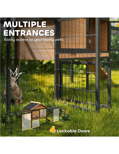PawHut Wooden Rabbit Hutch Outdoor with Steel Run, Wooden Guinea Pig Cage with Removable Plastic Tray, Asphalt Roof, Ramp - pic 149911 | FastDaddyshop