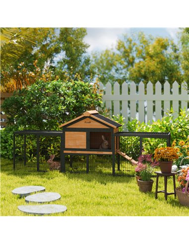 PawHut Wooden Rabbit Hutch Outdoor with Steel Run, Wooden Guinea Pig Cage with Removable Plastic Tray, Asphalt Roof, Ramp