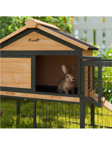 PawHut Wooden Rabbit Hutch Outdoor with Steel Run, Wooden Guinea Pig Cage with Removable Plastic Tray, Asphalt Roof, Ramp