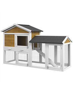 PawHut Wooden Rabbit Hutch Outdoor, Double Tier with Water-Resistant Roof, Ramp 147 x 54 x 84 cm, Yellow