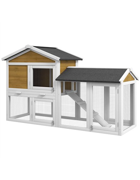 PawHut Wooden Rabbit Hutch Outdoor, Double Tier with Water-Resistant Roof, Ramp 147 x 54 x 84 cm, Yellow - pic 149915 | FastDaddyshop