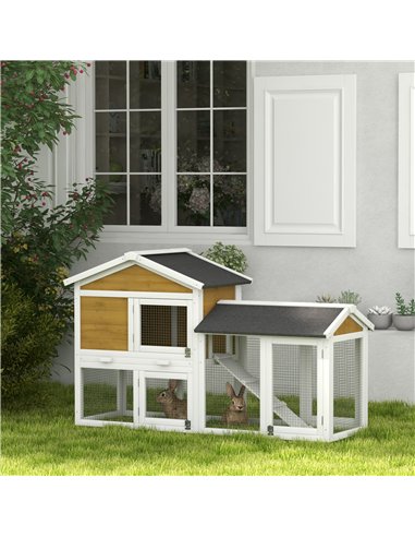 PawHut Wooden Rabbit Hutch Outdoor, Double Tier with Water-Resistant Roof, Ramp 147 x 54 x 84 cm, Yellow