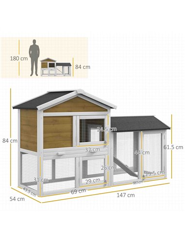 PawHut Wooden Rabbit Hutch Outdoor, Double Tier with Water-Resistant Roof, Ramp 147 x 54 x 84 cm, Yellow
