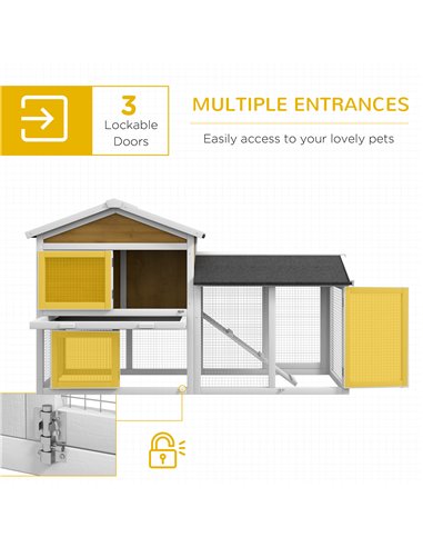 PawHut Wooden Rabbit Hutch Outdoor, Double Tier with Water-Resistant Roof, Ramp 147 x 54 x 84 cm, Yellow