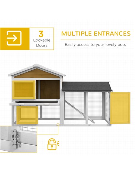 PawHut Wooden Rabbit Hutch Outdoor, Double Tier with Water-Resistant Roof, Ramp 147 x 54 x 84 cm, Yellow - pic 149918 | FastDaddyshop