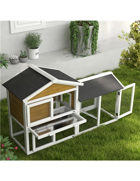PawHut Wooden Rabbit Hutch Outdoor, Double Tier with Water-Resistant Roof, Ramp 147 x 54 x 84 cm, Yellow - pic 149922 | FastDaddyshop