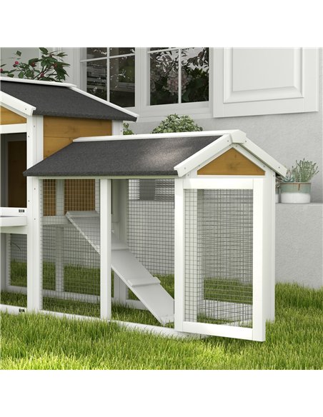 PawHut Wooden Rabbit Hutch Outdoor, Double Tier with Water-Resistant Roof, Ramp 147 x 54 x 84 cm, Yellow - pic 149923 | FastDaddyshop