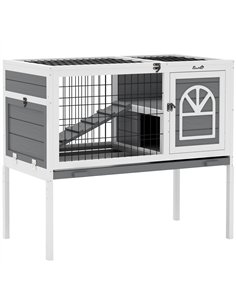PawHut Wooden Rabbit Hutch, Guinea Pig Cage, with Removable Tray, Openable Roof, Grey