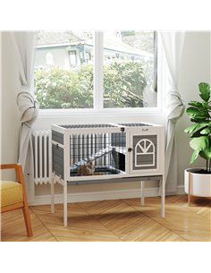 PawHut Wooden Rabbit Hutch, Guinea Pig Cage, with Removable Tray, Openable Roof, Grey 2