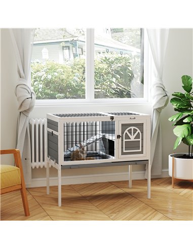 PawHut Wooden Rabbit Hutch, Guinea Pig Cage, with Removable Tray, Openable Roof, Grey