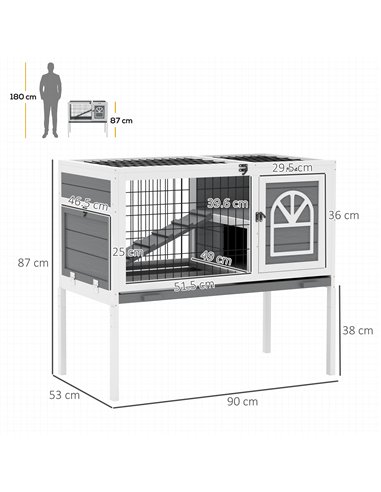 PawHut Wooden Rabbit Hutch, Guinea Pig Cage, with Removable Tray, Openable Roof, Grey