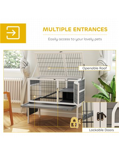 PawHut Wooden Rabbit Hutch, Guinea Pig Cage, with Removable Tray, Openable Roof, Grey