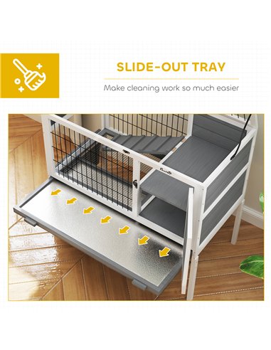 PawHut Wooden Rabbit Hutch, Guinea Pig Cage, with Removable Tray, Openable Roof, Grey