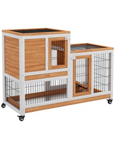 PawHut Wooden Indoor Hutch Elevated Cage w/ Wheel, Run, Yellow