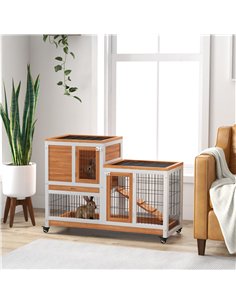 PawHut Wooden Indoor Hutch Elevated Cage w/ Wheel, Run, Yellow 2