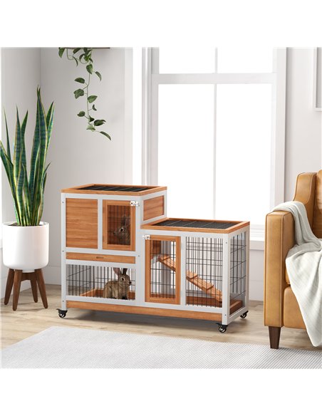 PawHut Wooden Indoor Hutch Elevated Cage w/ Wheel, Run, Yellow - pic 149943 | FastDaddyshop