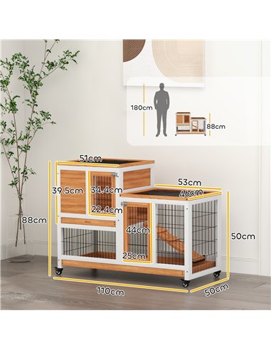 PawHut Wooden Indoor Hutch Elevated Cage w/ Wheel, Run, Yellow