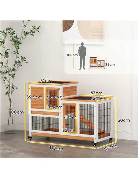 PawHut Wooden Indoor Hutch Elevated Cage w/ Wheel, Run, Yellow - pic 149944 | FastDaddyshop