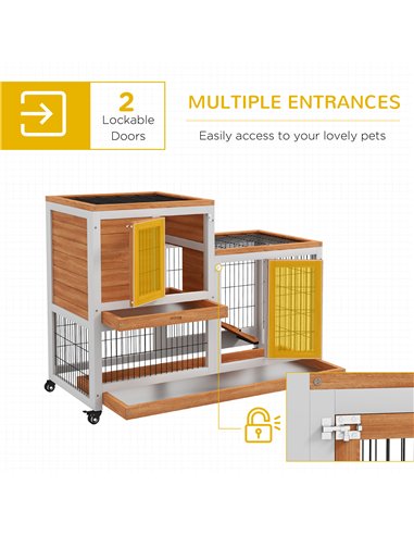 PawHut Wooden Indoor Hutch Elevated Cage w/ Wheel, Run, Yellow