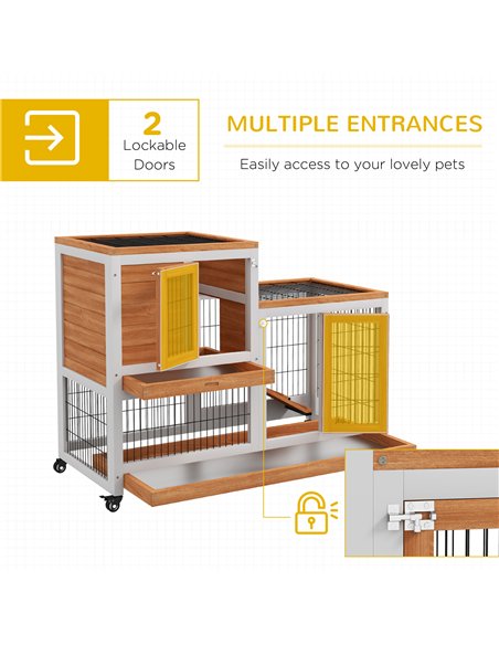 PawHut Wooden Indoor Hutch Elevated Cage w/ Wheel, Run, Yellow - pic 149946 | FastDaddyshop