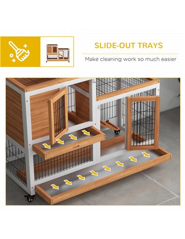 PawHut Wooden Indoor Hutch Elevated Cage w/ Wheel, Run, Yellow