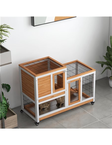 PawHut Wooden Indoor Hutch Elevated Cage w/ Wheel, Run, Yellow - pic 149949 | FastDaddyshop